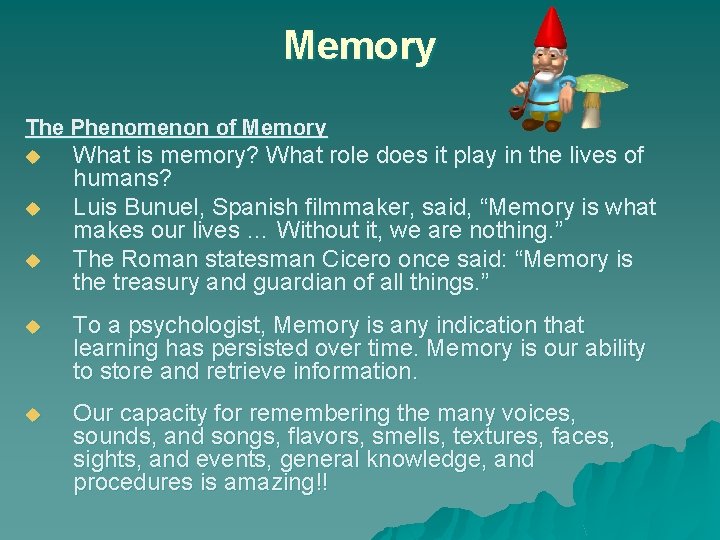 Memory The Phenomenon of Memory u u u What is memory? What role does