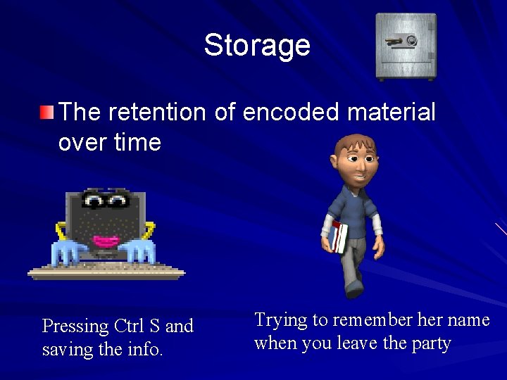 Storage The retention of encoded material over time Pressing Ctrl S and saving the