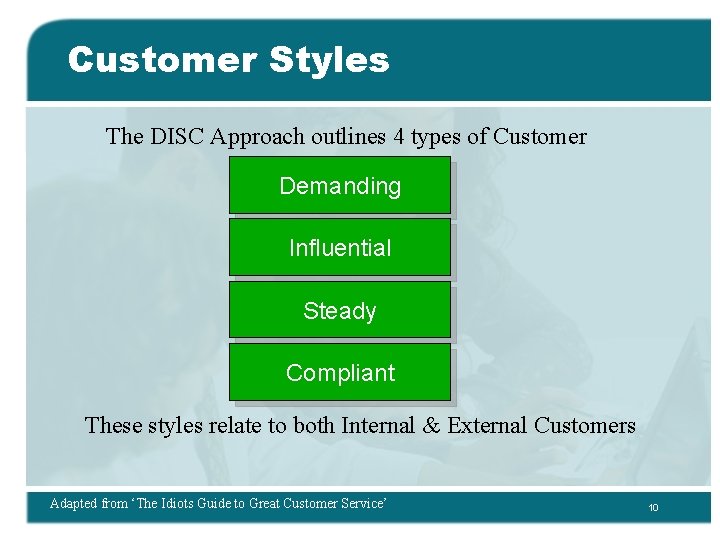 Customer Styles The DISC Approach outlines 4 types of Customer Demanding Influential Steady Compliant