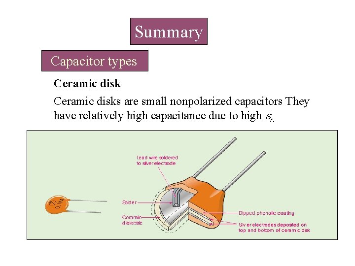 Summary Capacitor types Ceramic disks are small nonpolarized capacitors They have relatively high capacitance Summary Capacitor types Ceramic disks are small nonpolarized capacitors They have relatively high capacitance
