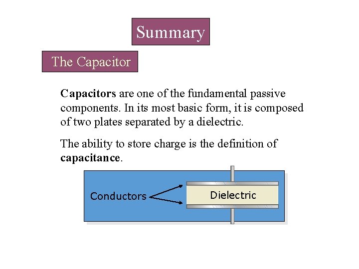 Summary The Capacitors are one of the fundamental passive components. In its most basic Summary The Capacitors are one of the fundamental passive components. In its most basic