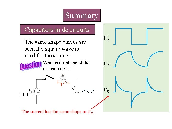 Summary Capacitors in dc circuits The same shape curves are seen if a square Summary Capacitors in dc circuits The same shape curves are seen if a square