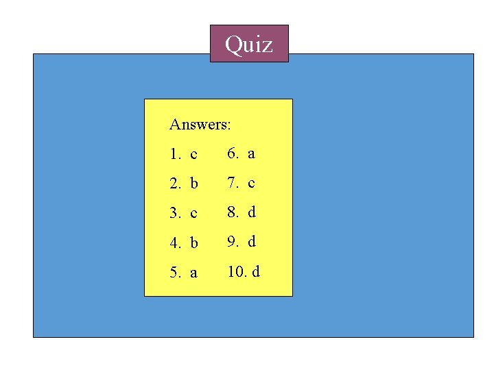 Quiz Answers: 1. c 6. a 2. b 7. c 3. c 8. d Quiz Answers: 1. c 6. a 2. b 7. c 3. c 8. d