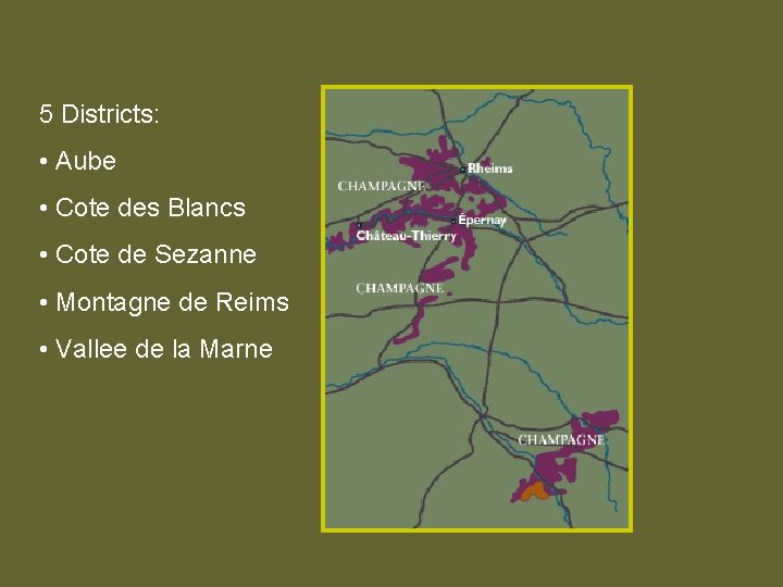 5 Districts: • Aube • Cote des Blancs • Cote de Sezanne • Montagne