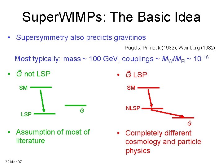 Super. WIMPs: The Basic Idea • Supersymmetry also predicts gravitinos Pagels, Primack (1982); Weinberg