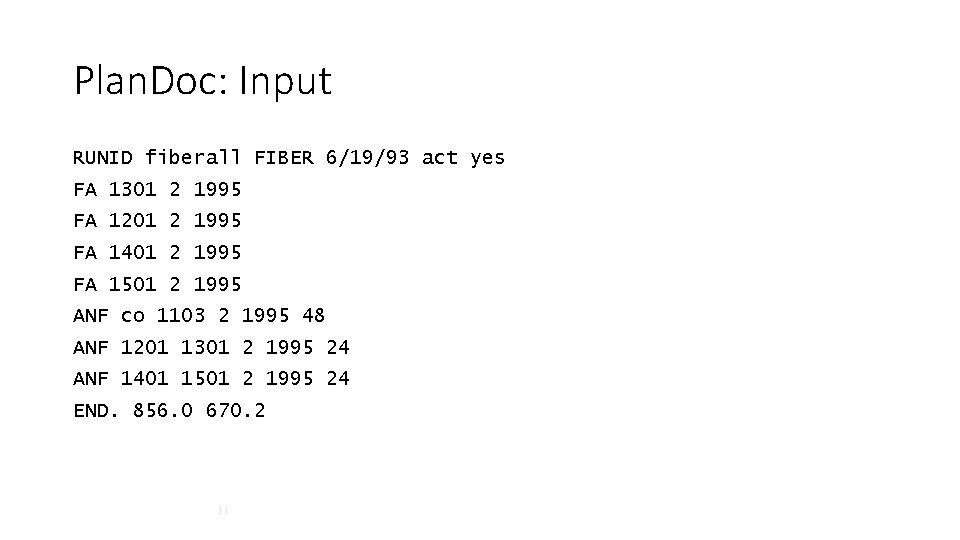 Plan. Doc: Input RUNID fiberall FIBER 6/19/93 act yes FA 1301 2 1995 FA