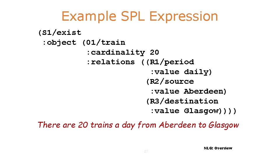 Example SPL Expression (S 1/exist : object (01/train : cardinality 20 : relations ((R