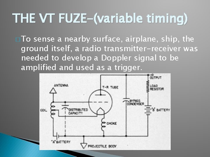 THE VT FUZE-(variable timing) � To sense a nearby surface, airplane, ship, the ground