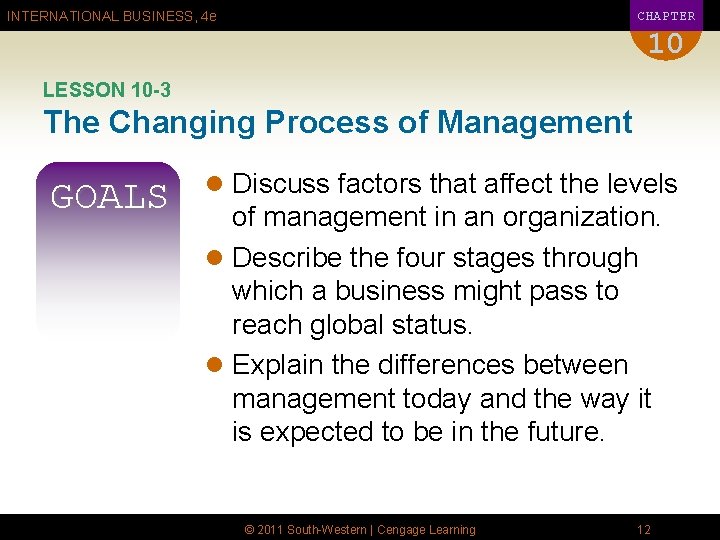 CHAPTER INTERNATIONAL BUSINESS, 4 e 10 LESSON 10 -3 The Changing Process of Management