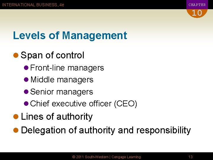 CHAPTER INTERNATIONAL BUSINESS, 4 e 10 Levels of Management l Span of control l