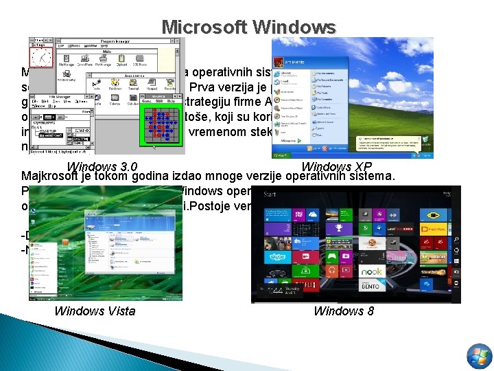 Microsoft Windows je porodica operativnih sistema za lične računare i servere kompanije Majkrosoft. Prva
