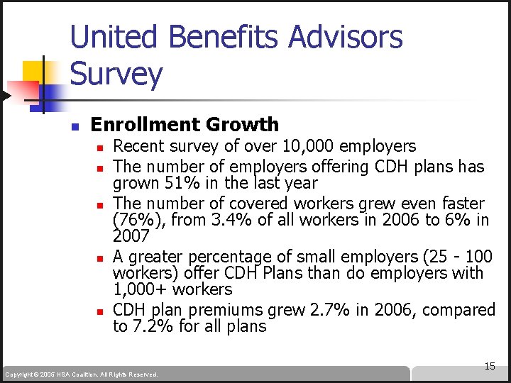 United Benefits Advisors Survey n Enrollment Growth n n n Recent survey of over