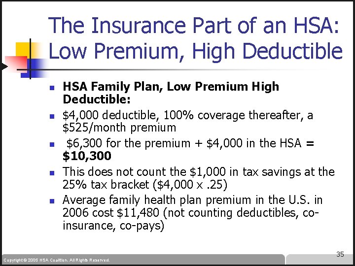 The Insurance Part of an HSA: Low Premium, High Deductible n n n HSA