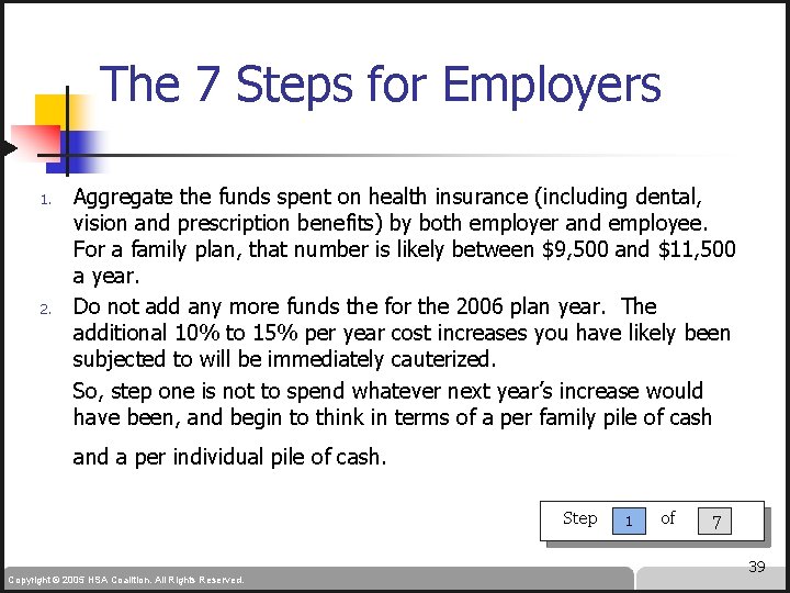 The 7 Steps for Employers 1. 2. Aggregate the funds spent on health insurance
