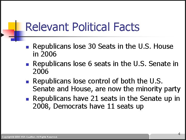 Relevant Political Facts n n Republicans lose 30 Seats in the U. S. House