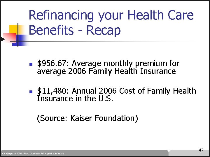 Refinancing your Health Care Benefits - Recap n $956. 67: Average monthly premium for