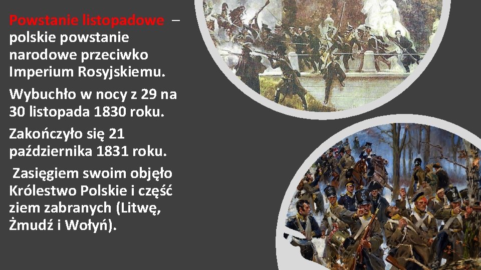 Powstanie listopadowe – polskie powstanie narodowe przeciwko Imperium Rosyjskiemu. Wybuchło w nocy z 29