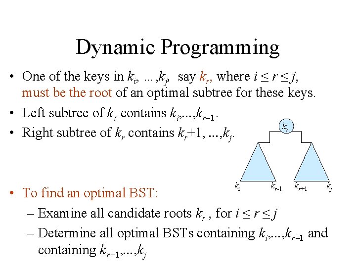 Dynamic Programming • One of the keys in ki, …, kj, say kr, where
