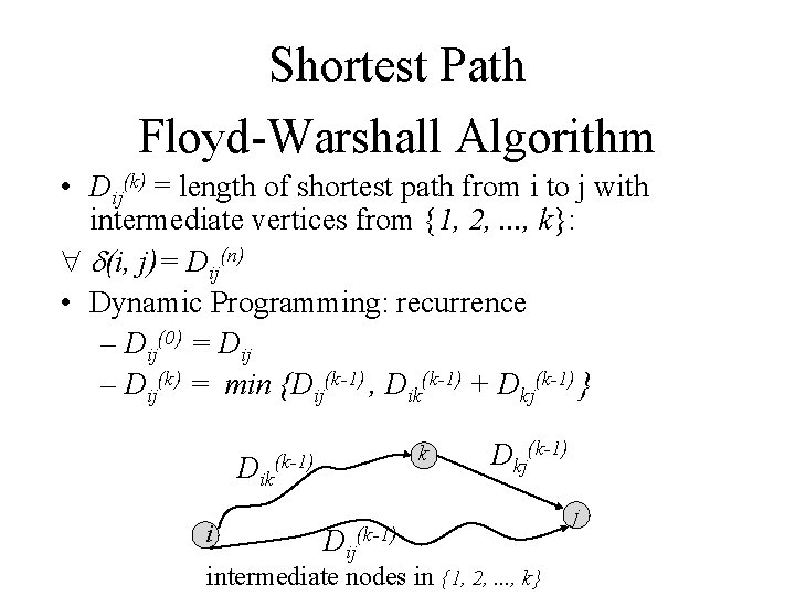 Shortest Path Floyd-Warshall Algorithm • Dij(k) = length of shortest path from i to Shortest Path Floyd-Warshall Algorithm • Dij(k) = length of shortest path from i to
