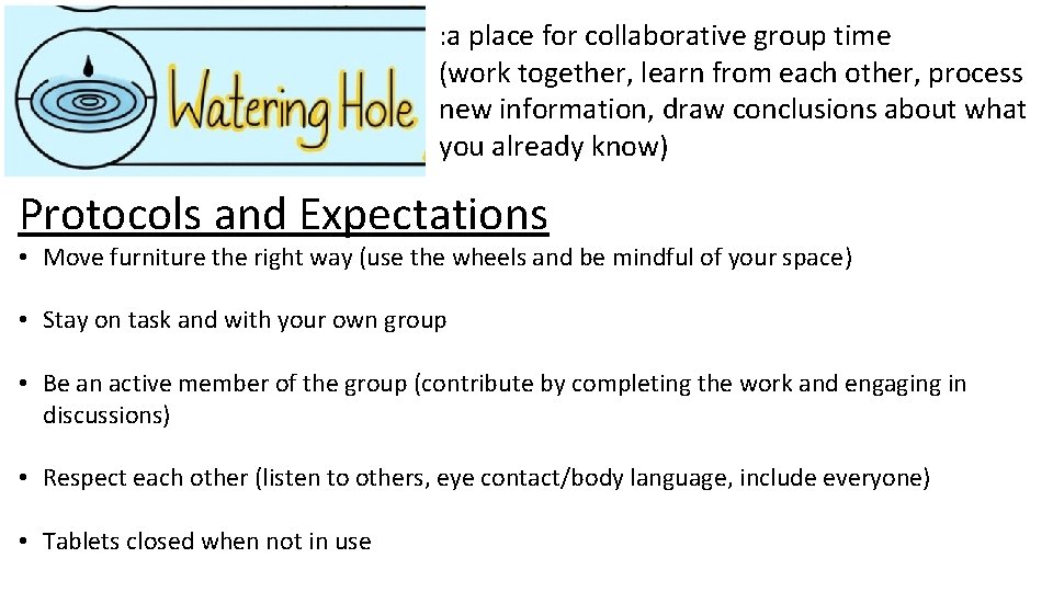 : a place for collaborative group time (work together, learn from each other, process