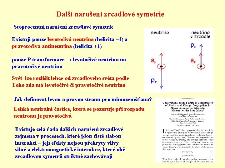 Další narušení zrcadlové symetrie Stoprocentní narušení zrcadlové symetrie Existují pouze levotočivá neutrina (helicita –