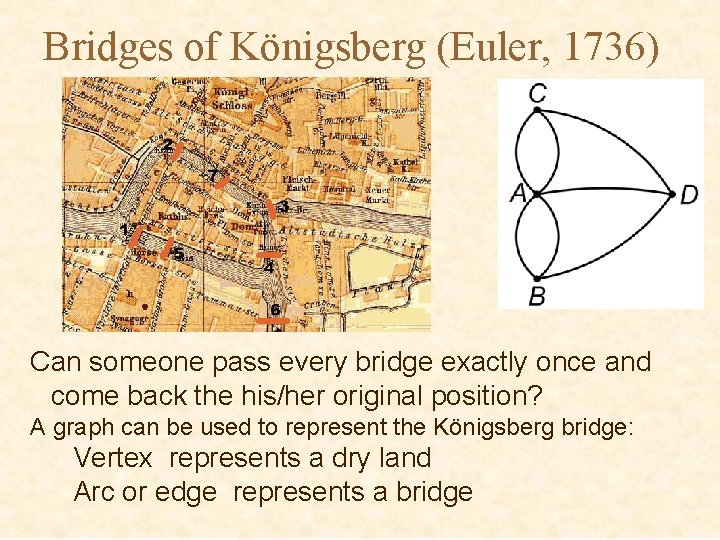 Bridges of Königsberg (Euler, 1736) Can someone pass every bridge exactly once and come