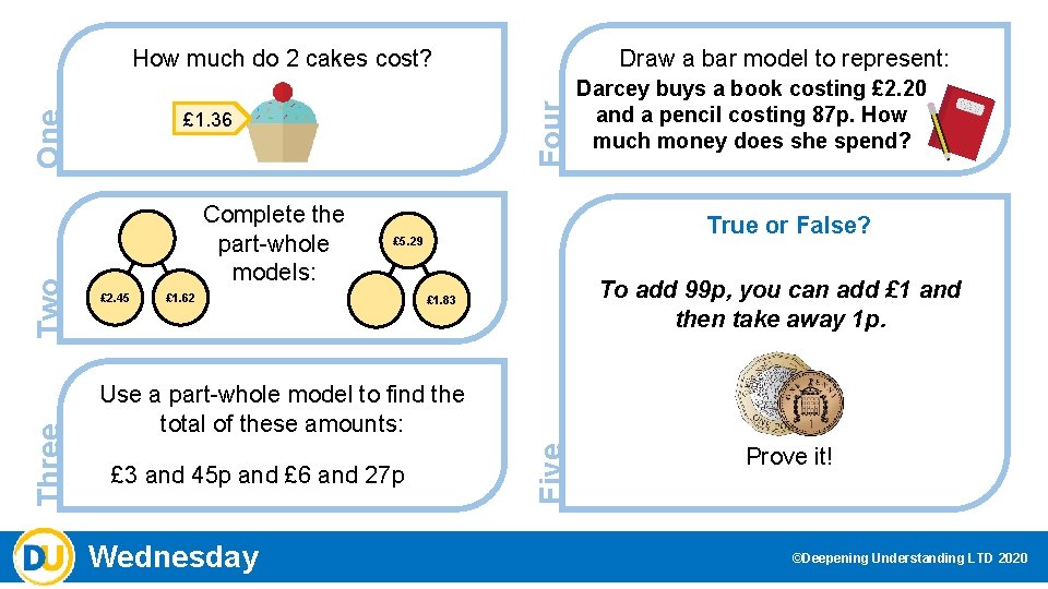 Draw a bar model to represent: £ 1. 36 One Complete the part-whole models: