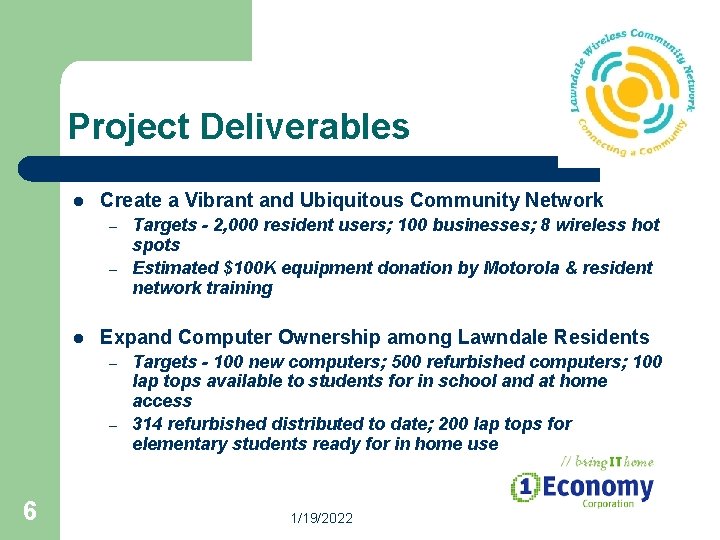 Project Deliverables l Create a Vibrant and Ubiquitous Community Network – – l Expand Project Deliverables l Create a Vibrant and Ubiquitous Community Network – – l Expand