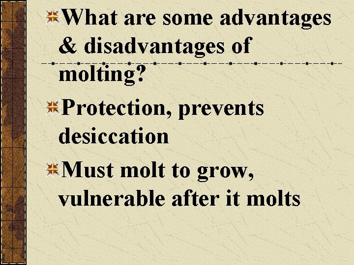 What are some advantages & disadvantages of molting? Protection, prevents desiccation Must molt to
