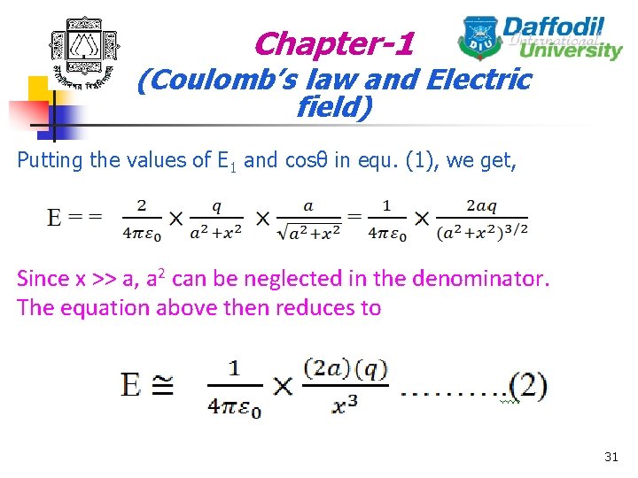Chapter-1 (Coulomb’s law and Electric field) Putting the values of E 1 and cosθ