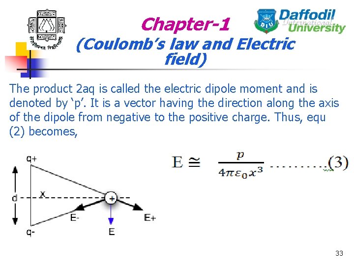 Chapter-1 (Coulomb’s law and Electric field) The product 2 aq is called the electric