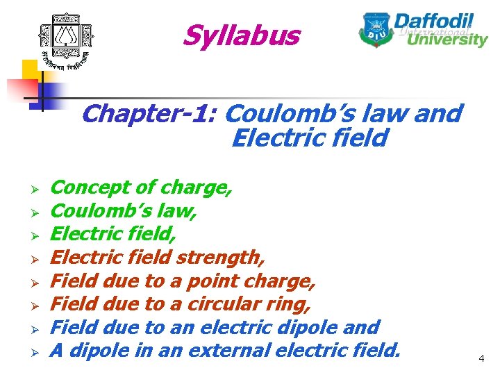 Syllabus Chapter-1: Coulomb’s law and Electric field Ø Ø Ø Ø Concept of charge,