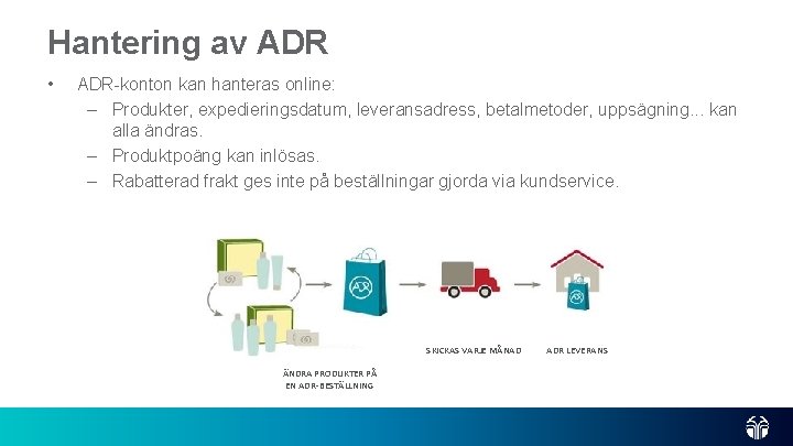 Hantering av ADR • ADR-konton kan hanteras online: – Produkter, expedieringsdatum, leveransadress, betalmetoder, uppsägning.