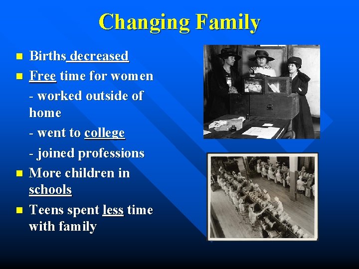 Changing Family n n Births decreased Free time for women - worked outside of