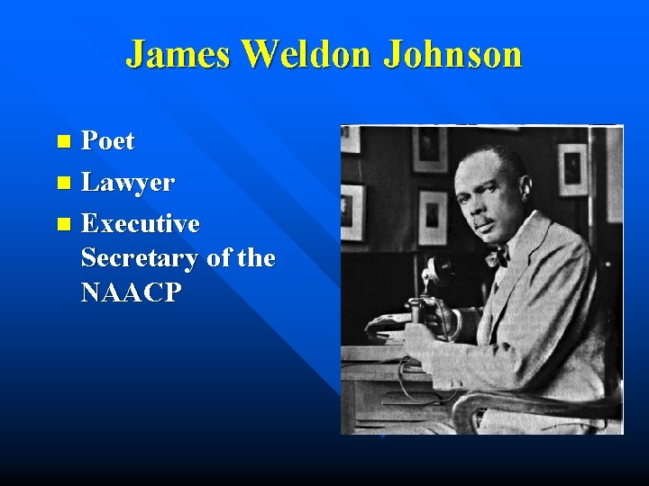 James Weldon Johnson Poet n Lawyer n Executive Secretary of the NAACP n 