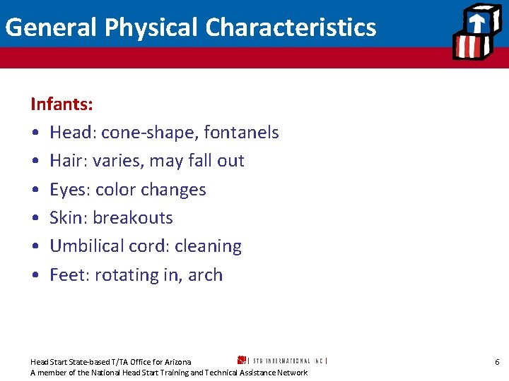 General Physical Characteristics Infants: • Head: cone-shape, fontanels • Hair: varies, may fall out