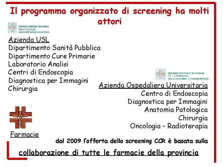 Il programma organizzato di screening ha molti attori Azienda USL Dipartimento Sanità Pubblica Dipartimento