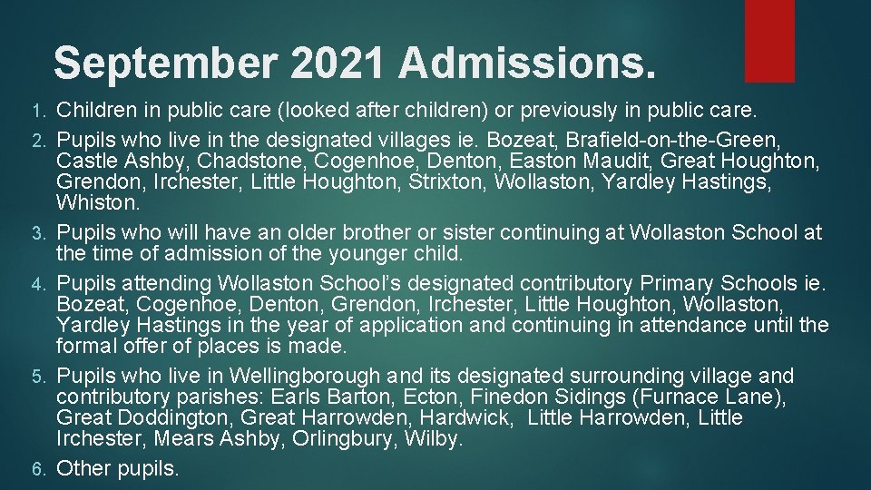 September 2021 Admissions. 1. 2. 3. 4. 5. 6. Children in public care (looked