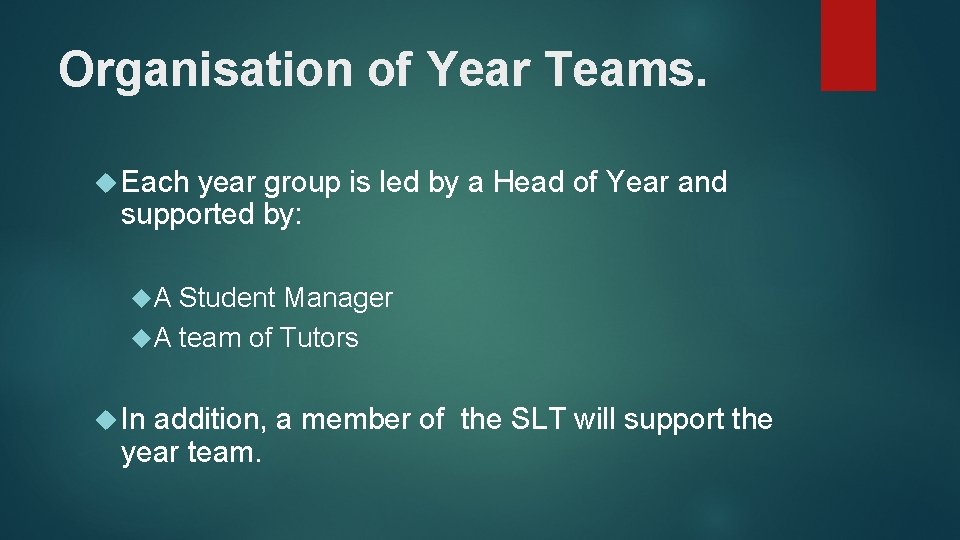 Organisation of Year Teams. Each year group is led by a Head of Year