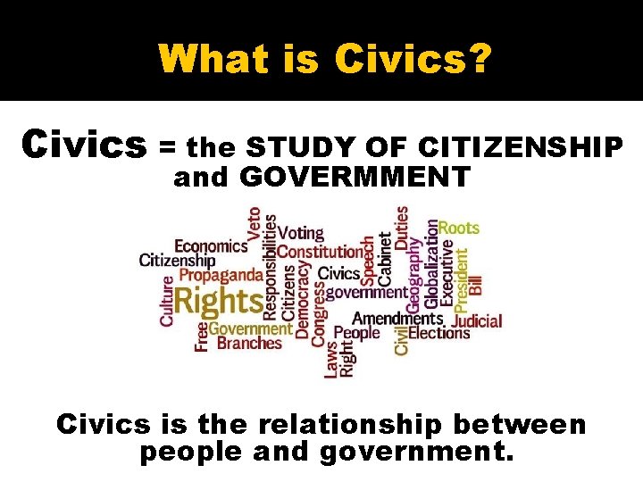 What is Civics? Civics = the STUDY OF CITIZENSHIP and GOVERMMENT Civics is the