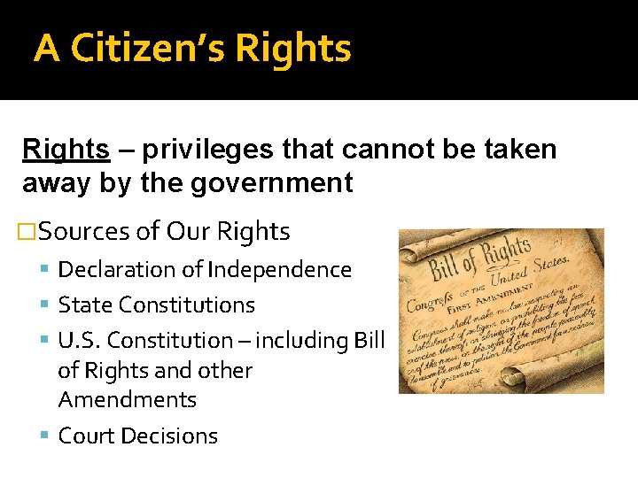 A Citizen’s Rights – privileges that cannot be taken away by the government �Sources