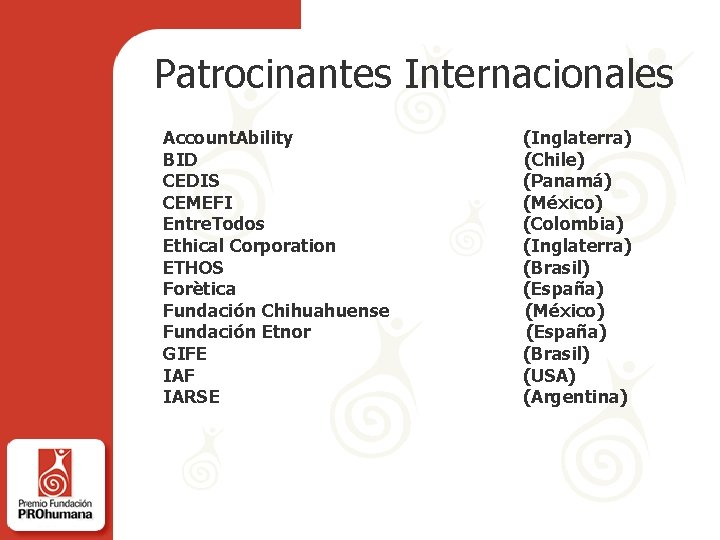 Patrocinantes Internacionales Account. Ability BID CEDIS CEMEFI Entre. Todos Ethical Corporation ETHOS Forètica Fundación