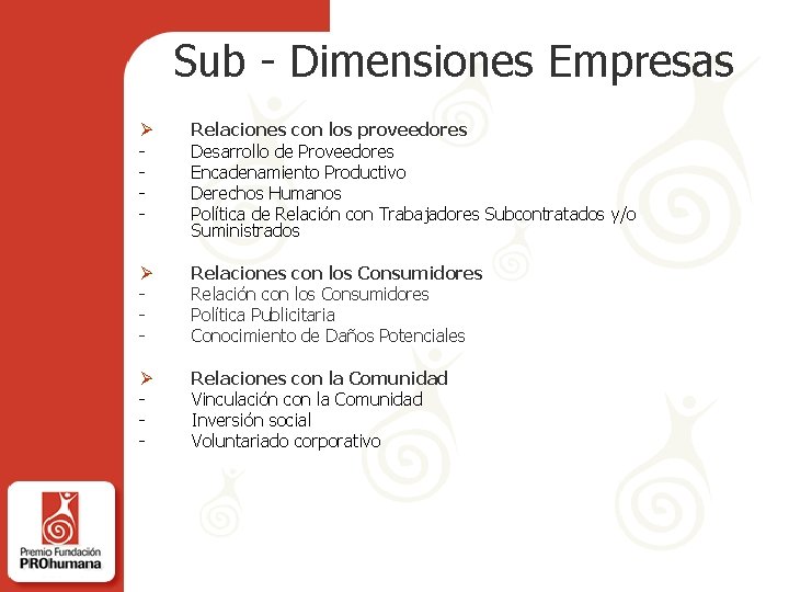 Sub - Dimensiones Empresas Ø - Relaciones con los proveedores Desarrollo de Proveedores Encadenamiento