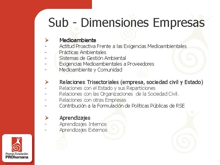 Sub - Dimensiones Empresas Ø Medioambiente Ø Relaciones Trisectoriales (empresa, sociedad civil y Estado)