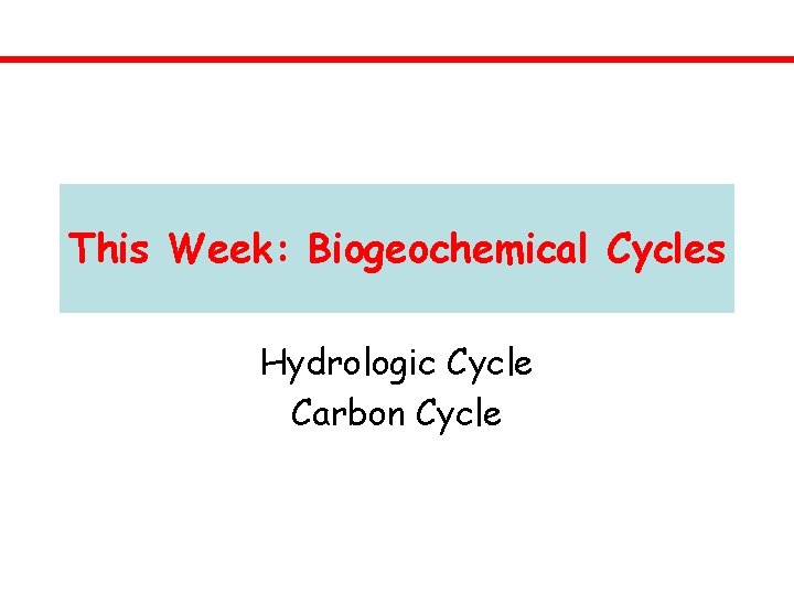 This Week: Biogeochemical Cycles Hydrologic Cycle Carbon Cycle 