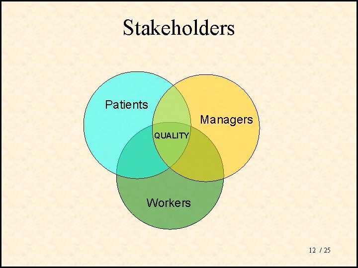 Stakeholders Patients Managers QUALITY Workers 12 / 25 