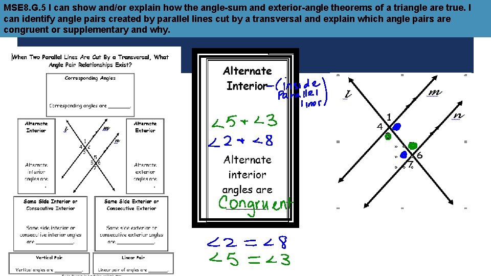 MSE 8. G. 5 I can show and/or explain how the angle-sum and exterior-angle