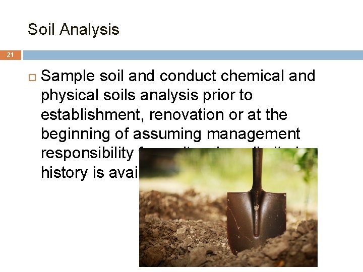 Soil Analysis 21 Sample soil and conduct chemical and physical soils analysis prior to