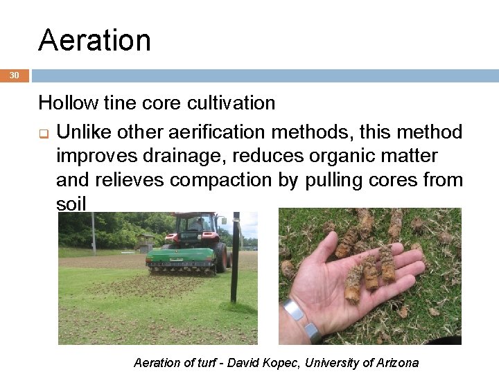 Aeration 30 Hollow tine core cultivation q Unlike other aerification methods, this method improves