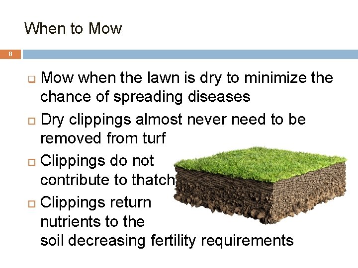 When to Mow 8 Mow when the lawn is dry to minimize the chance